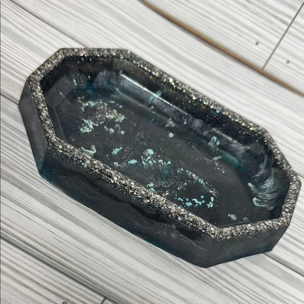 Silver and Blue Vanity Tray with Organic Shape